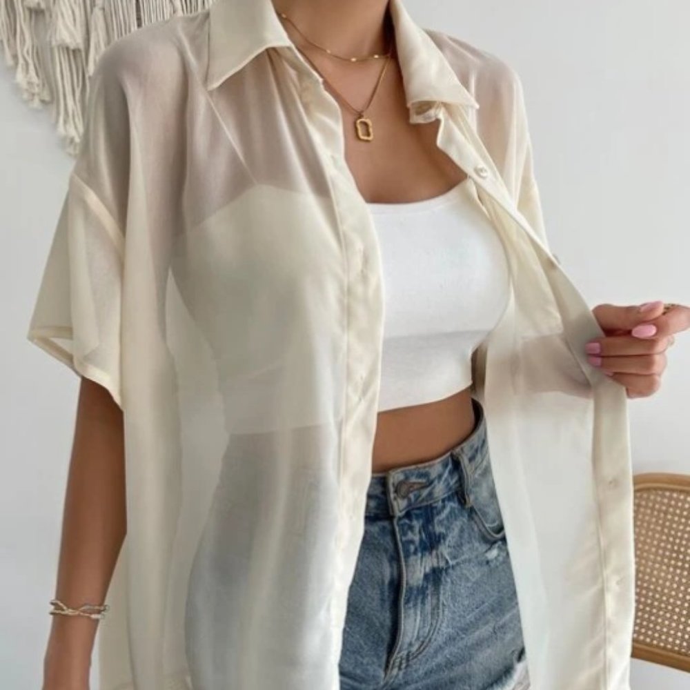 Solid Sheer Button Front Drop Shoulder Shirt Without Cami Top